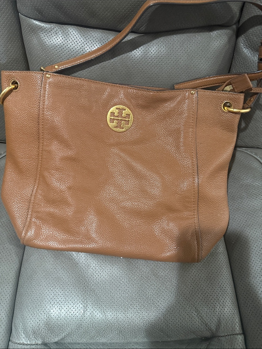 Tory Burch Cognac Pebbled Leather Shoulder Bag with Gold Logo